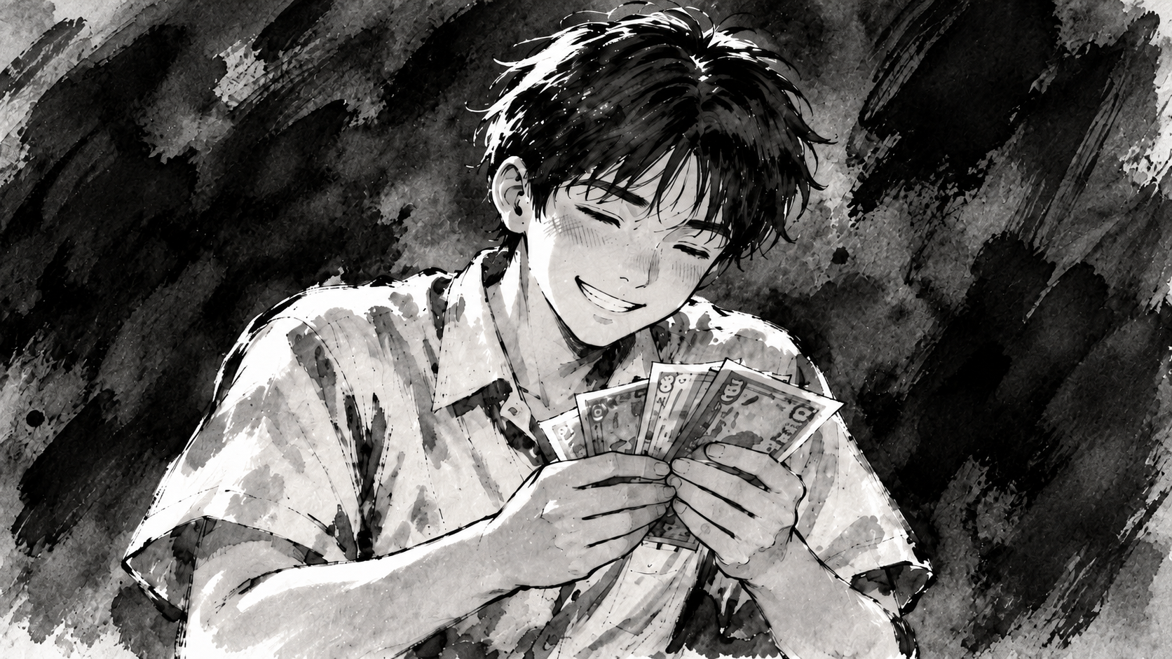Ink illustration of a smiling engineer holding his first earnings
